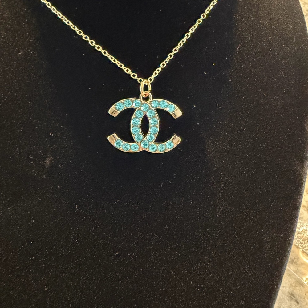 UPCYCLED CHANEL Gold Necklace with Blue Crystal Pendant